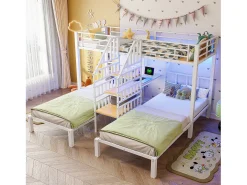 Cama sobreposta 90x200 cm - 3 camas - con fita de luz LED - equipada con 2 portas USB + 1 tomada - con escrivaninha - branco​ (colchão não incluído)