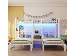 Cama sobreposta 90x200 cm - 3 camas - con fita de luz LED - equipada con 2 portas USB + 1 tomada - con escrivaninha - branco​ (colchão não incluído)