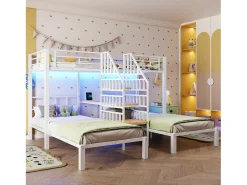 Cama sobreposta 90x200 cm - 3 camas - con fita de luz LED - equipada con 2 portas USB + 1 tomada - con escrivaninha - branco​ (colchão não incluído)