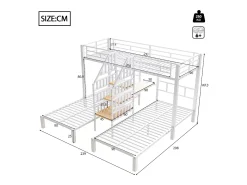 Cama sobreposta 90x200 cm - 3 camas - con fita de luz LED - equipada con 2 portas USB + 1 tomada - con escrivaninha - branco​ (colchão não incluído)