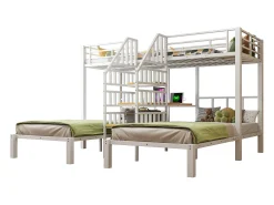 Cama sobreposta 90x200 cm - 3 camas - con fita de luz LED - equipada con 2 portas USB + 1 tomada - con escrivaninha - branco​ (colchão não incluído)