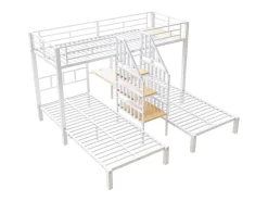 Cama sobreposta 90x200 cm - 3 camas - con fita de luz LED - equipada con 2 portas USB + 1 tomada - con escrivaninha - branco​ (colchão não incluído)