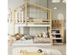 Cama sobreposta 90x200cm + 140x200cm madeira maciça - com barreiras e escada de arrumação - Branco & Natural