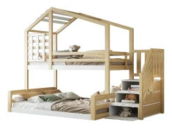 Cama sobreposta 90x200cm + 140x200cm madeira maciça - com barreiras e escada de arrumação - Branco & Natural
