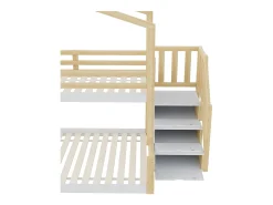 Cama sobreposta 90x200cm + 140x200cm madeira maciça - com barreiras e escada de arrumação - Branco & Natural
