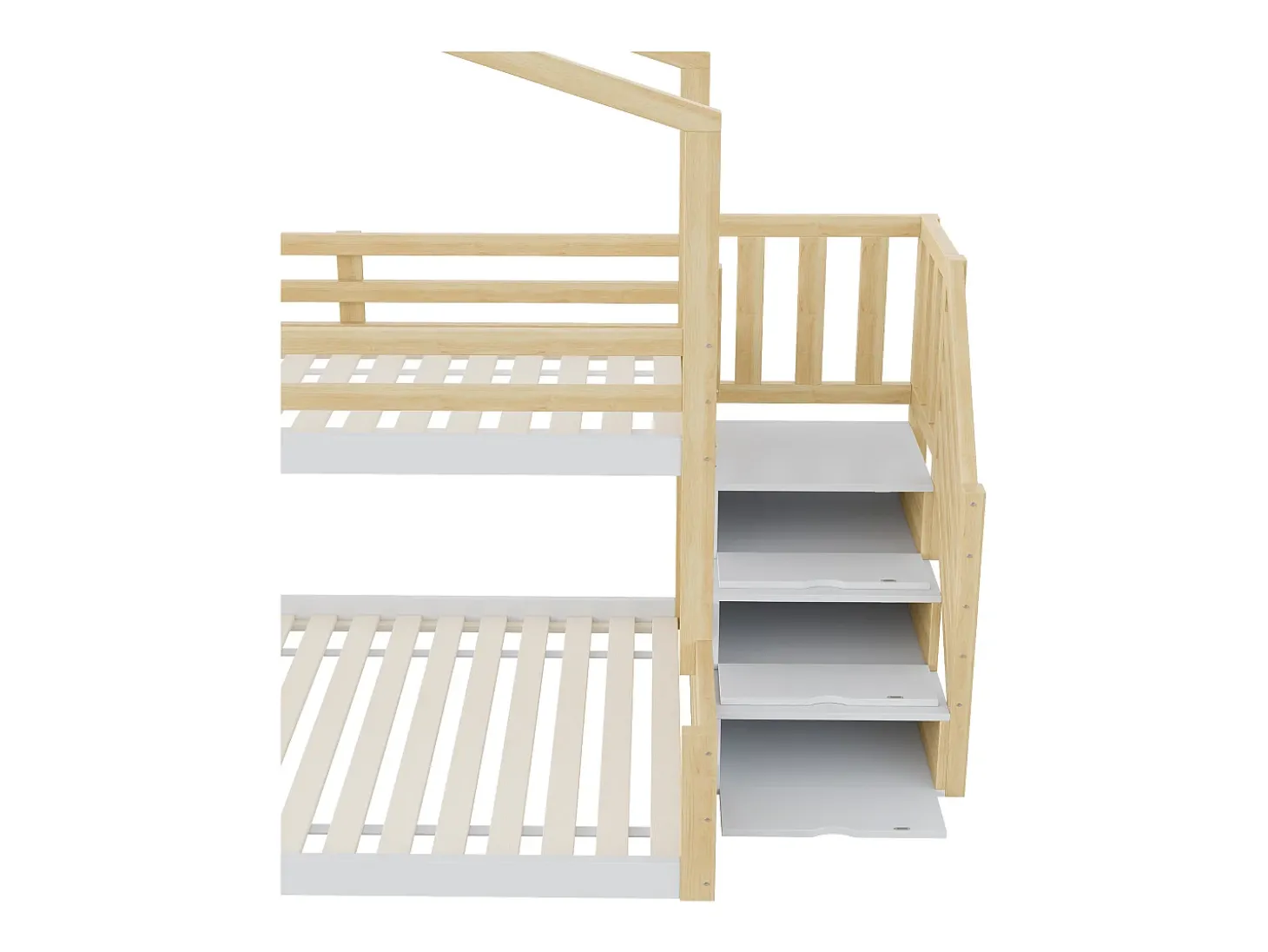 Cama sobreposta 90x200cm + 140x200cm madeira maciça - com barreiras e escada de arrumação - Branco & Natural
