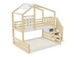 Cama sobreposta 90x200cm + 140x200cm madeira maciça - com barreiras e escada de arrumação - Branco & Natural