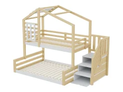Cama sobreposta 90x200cm + 140x200cm madeira maciça - com barreiras e escada de arrumação - Branco & Natural