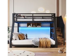 Cama sobreposta 90x200cm + 140x200cm - con fita de luz LED - três compartimentos de armazenamento - con escada - preto​ (colchão não incluído)