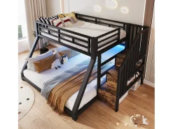 Cama sobreposta 90x200cm + 140x200cm - con fita de luz LED - três compartimentos de armazenamento - con escada - preto​ (colchão não incluído)