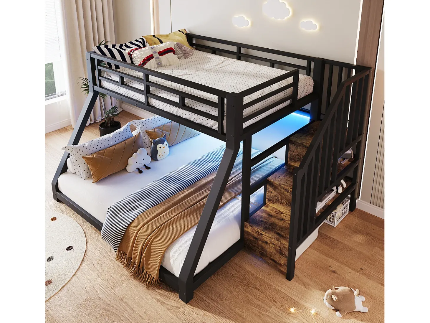 Cama sobreposta 90x200cm + 140x200cm - con fita de luz LED - três compartimentos de armazenamento - con escada - preto (colchão não incluído)
