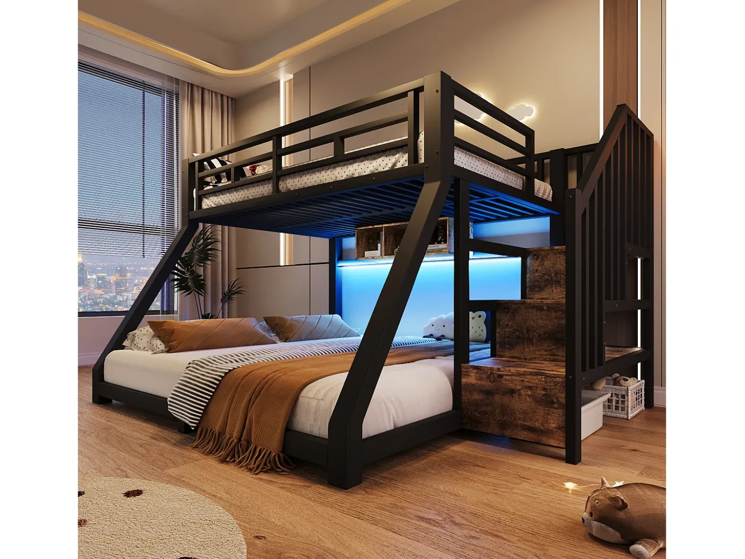 Cama sobreposta 90x200cm + 140x200cm - con fita de luz LED - três compartimentos de armazenamento - con escada - preto (colchão não incluído)
