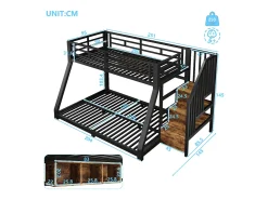 Cama sobreposta 90x200cm + 140x200cm - con fita de luz LED - três compartimentos de armazenamento - con escada - preto (colchão não incluído)