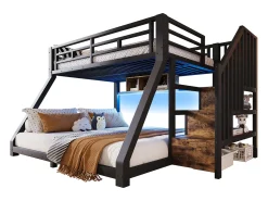 Cama sobreposta 90x200cm + 140x200cm - con fita de luz LED - três compartimentos de armazenamento - con escada - preto (colchão não incluído)