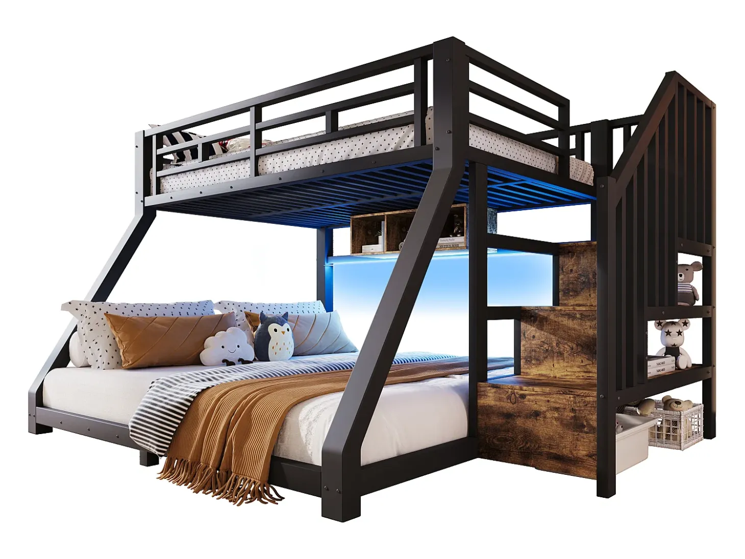 Cama sobreposta 90x200cm + 140x200cm - con fita de luz LED - três compartimentos de armazenamento - con escada - preto (colchão não incluído)