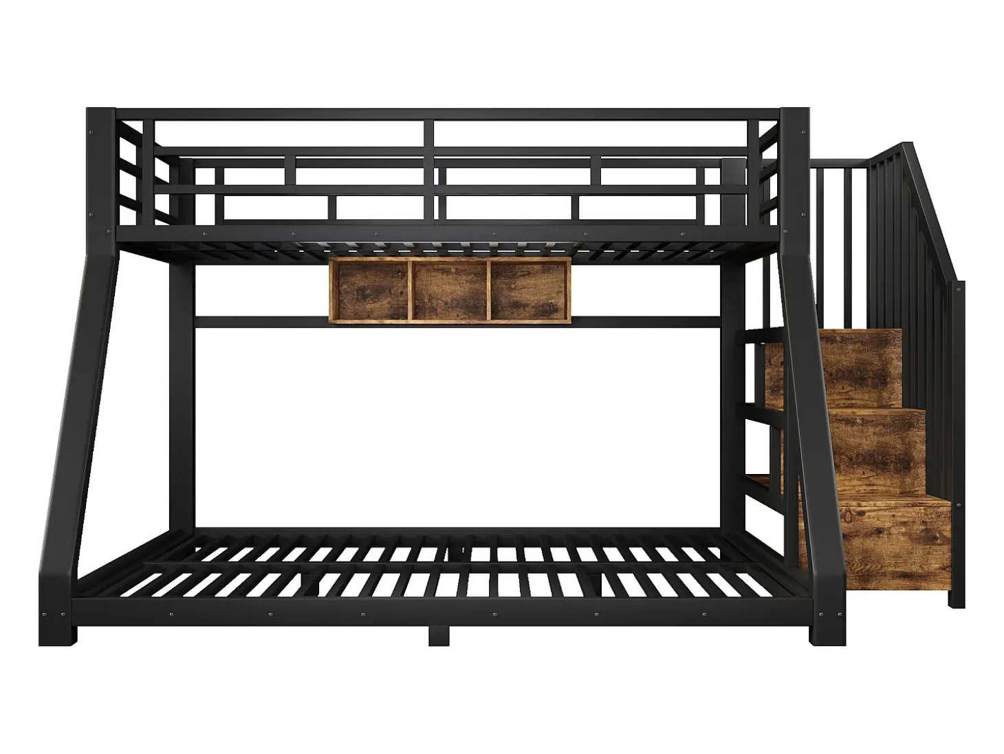 Cama sobreposta 90x200cm + 140x200cm - con fita de luz LED - três compartimentos de armazenamento - con escada - preto (colchão não incluído)