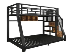 Cama sobreposta 90x200cm + 140x200cm - con fita de luz LED - três compartimentos de armazenamento - con escada - preto (colchão não incluído)
