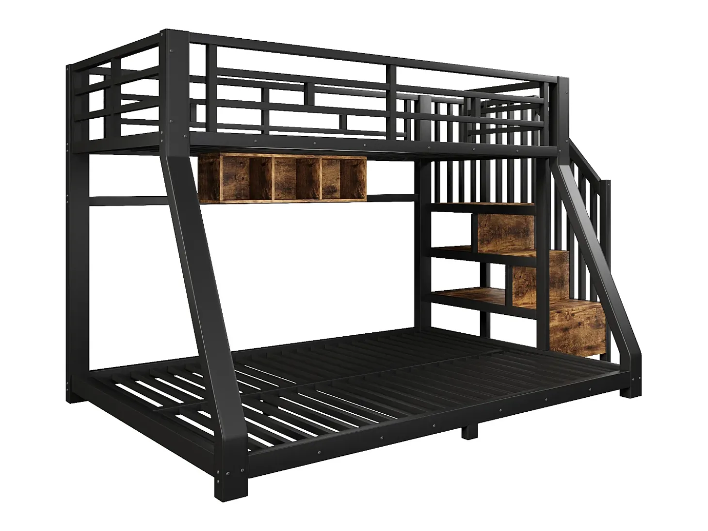 Cama sobreposta 90x200cm + 140x200cm - con fita de luz LED - três compartimentos de armazenamento - con escada - preto (colchão não incluído)