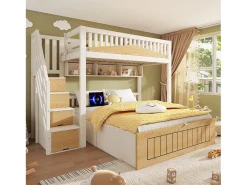 Cama sobreposta 90x200cm + 140x200cm - Cama inferior com espaço de armazenamento - escada com armazenamento - con porta USB - Branco+Natural​ (sem colchão)