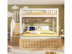 Cama sobreposta 90x200cm + 140x200cm - Cama inferior com espaço de armazenamento - escada com armazenamento - con porta USB - Branco+Natural​ (sem colchão)