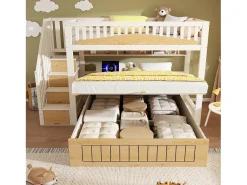 Cama sobreposta 90x200cm + 140x200cm - Cama inferior com espaço de armazenamento - escada com armazenamento - con porta USB - Branco+Natural​ (sem colchão)