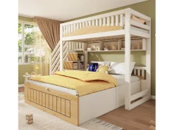 Cama sobreposta 90x200cm + 140x200cm - Cama inferior com espaço de armazenamento - escada com armazenamento - con porta USB - Branco+Natural​ (sem colchão)