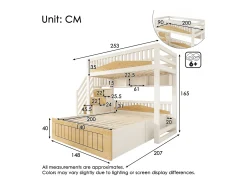 Cama sobreposta 90x200cm + 140x200cm - Cama inferior com espaço de armazenamento - escada com armazenamento - con porta USB - Branco+Natural​ (sem colchão)