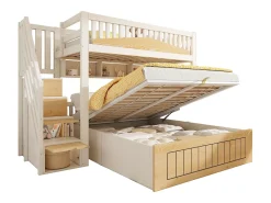 Cama sobreposta 90x200cm + 140x200cm - Cama inferior com espaço de armazenamento - escada com armazenamento - con porta USB - Branco+Natural​ (sem colchão)