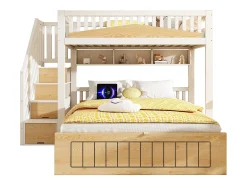 Cama sobreposta 90x200cm + 140x200cm - Cama inferior com espaço de armazenamento - escada com armazenamento - con porta USB - Branco+Natural​ (sem colchão)