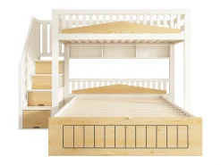 Cama sobreposta 90x200cm + 140x200cm - Cama inferior com espaço de armazenamento - escada com armazenamento - con porta USB - Branco+Natural​ (sem colchão)