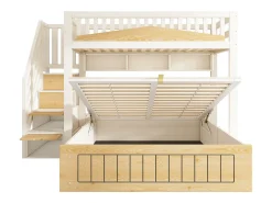 Cama sobreposta 90x200cm + 140x200cm - Cama inferior com espaço de armazenamento - escada com armazenamento - con porta USB - Branco+Natural​ (sem colchão)
