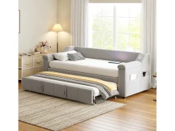 Cama sofá infantil 90x190 cm conversível com cama auxiliar, colunas Bluetooth e USB, veludo cinzento claro, sem colchão