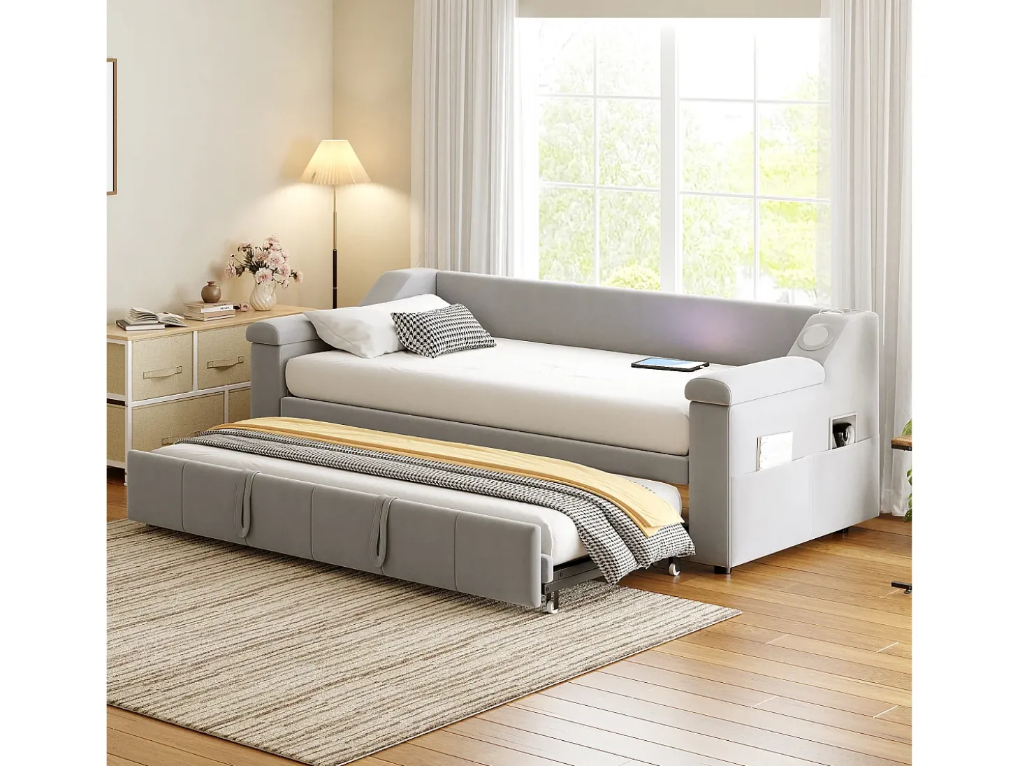 Cama sofá infantil 90x190 cm conversível com cama auxiliar, colunas Bluetooth e USB, veludo cinzento claro, sem colchão