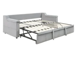 Cama sofá infantil 90x190 cm conversível com cama auxiliar, colunas Bluetooth e USB, veludo cinzento claro, sem colchão