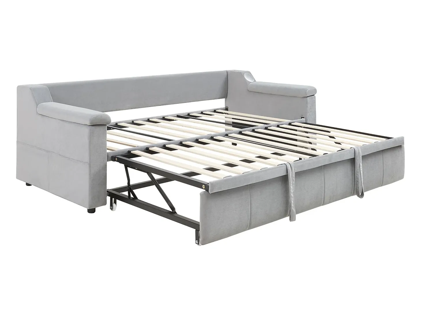 Cama sofá infantil 90x190 cm conversível com cama auxiliar, colunas Bluetooth e USB, veludo cinzento claro, sem colchão