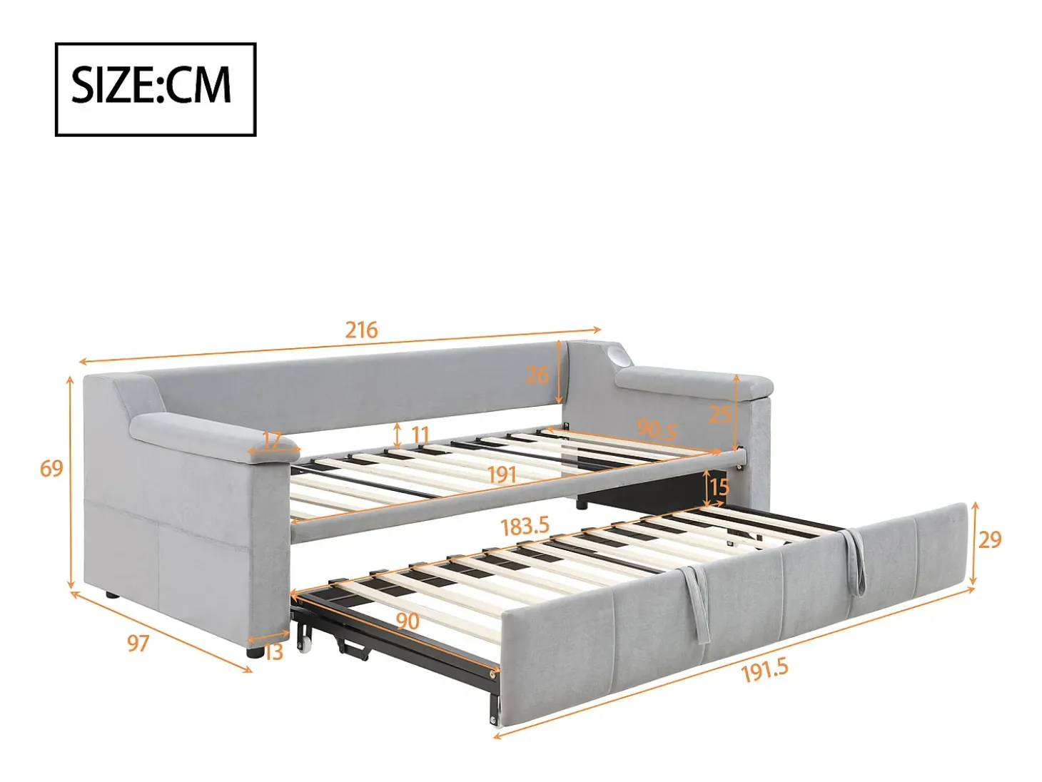 Cama sofá infantil 90x190 cm conversível com cama auxiliar, colunas Bluetooth e USB, veludo cinzento claro, sem colchão