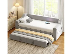 Cama sofá infantil 90x190 cm conversível com cama auxiliar, colunas Bluetooth e USB, veludo cinzento claro, sem colchão