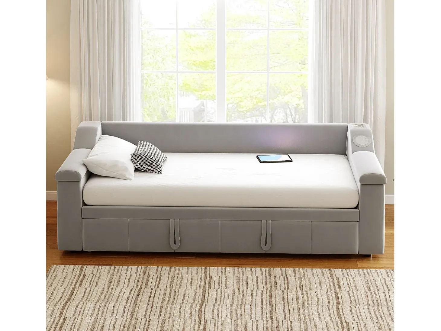 Cama sofá infantil 90x190 cm conversível com cama auxiliar, colunas Bluetooth e USB, veludo cinzento claro, sem colchão