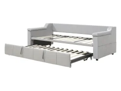 Cama sofá infantil 90x190 cm conversível com cama auxiliar, colunas Bluetooth e USB, veludo cinzento claro, sem colchão