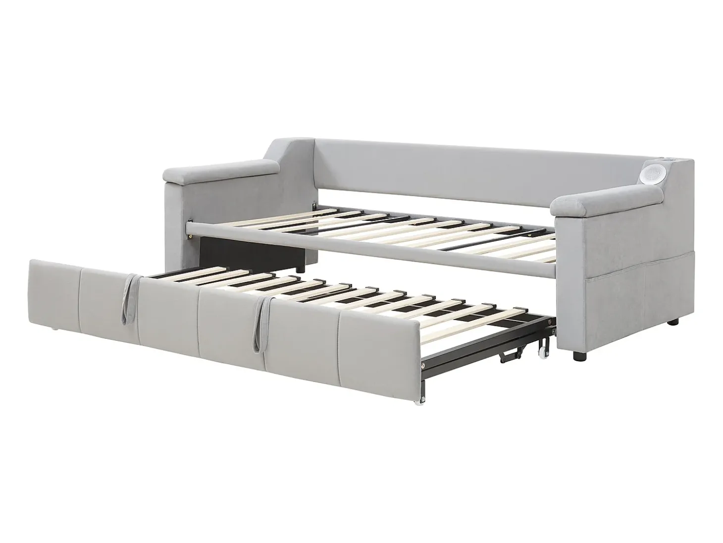 Cama sofá infantil 90x190 cm conversível com cama auxiliar, colunas Bluetooth e USB, veludo cinzento claro, sem colchão