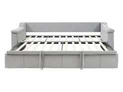 Cama sofá infantil 90x190 cm conversível com cama auxiliar, colunas Bluetooth e USB, veludo cinzento claro, sem colchão
