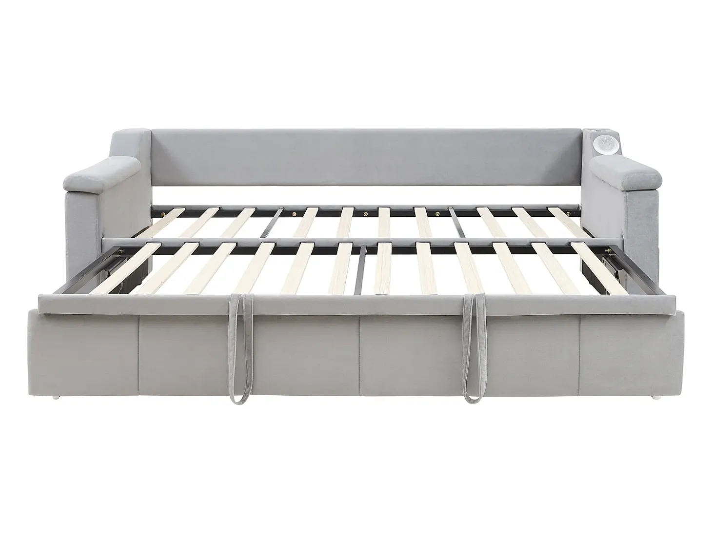 Cama sofá infantil 90x190 cm conversível com cama auxiliar, colunas Bluetooth e USB, veludo cinzento claro, sem colchão