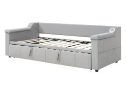 Cama sofá infantil 90x190 cm conversível com cama auxiliar, colunas Bluetooth e USB, veludo cinzento claro, sem colchão