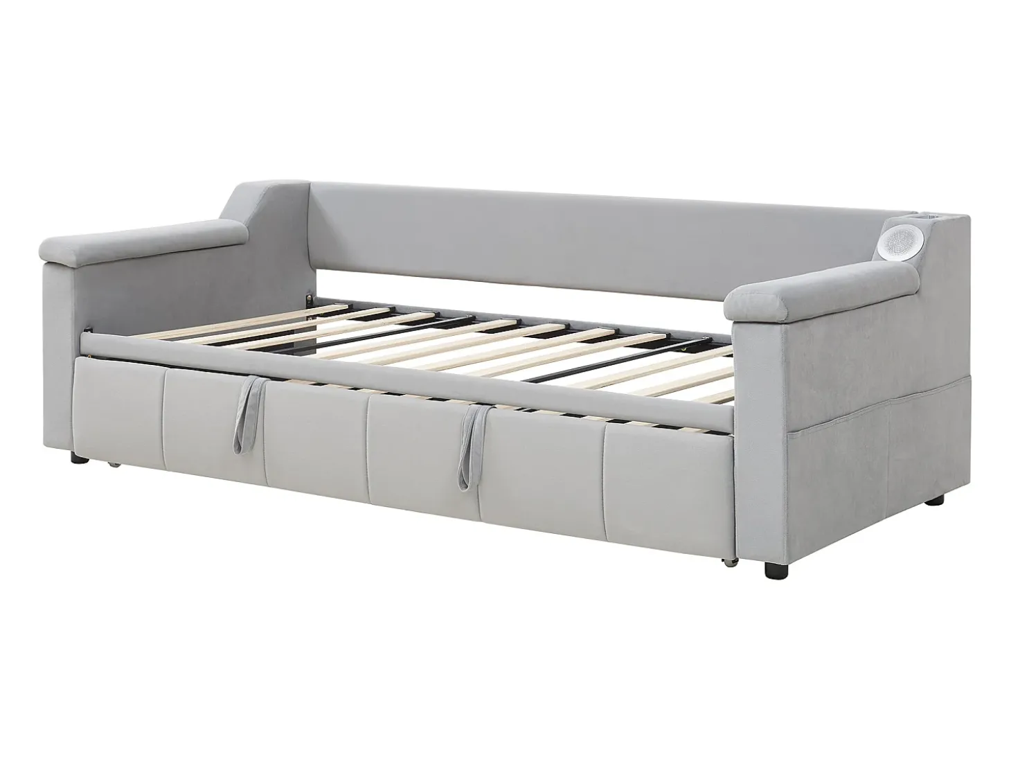 Cama sofá infantil 90x190 cm conversível com cama auxiliar, colunas Bluetooth e USB, veludo cinzento claro, sem colchão