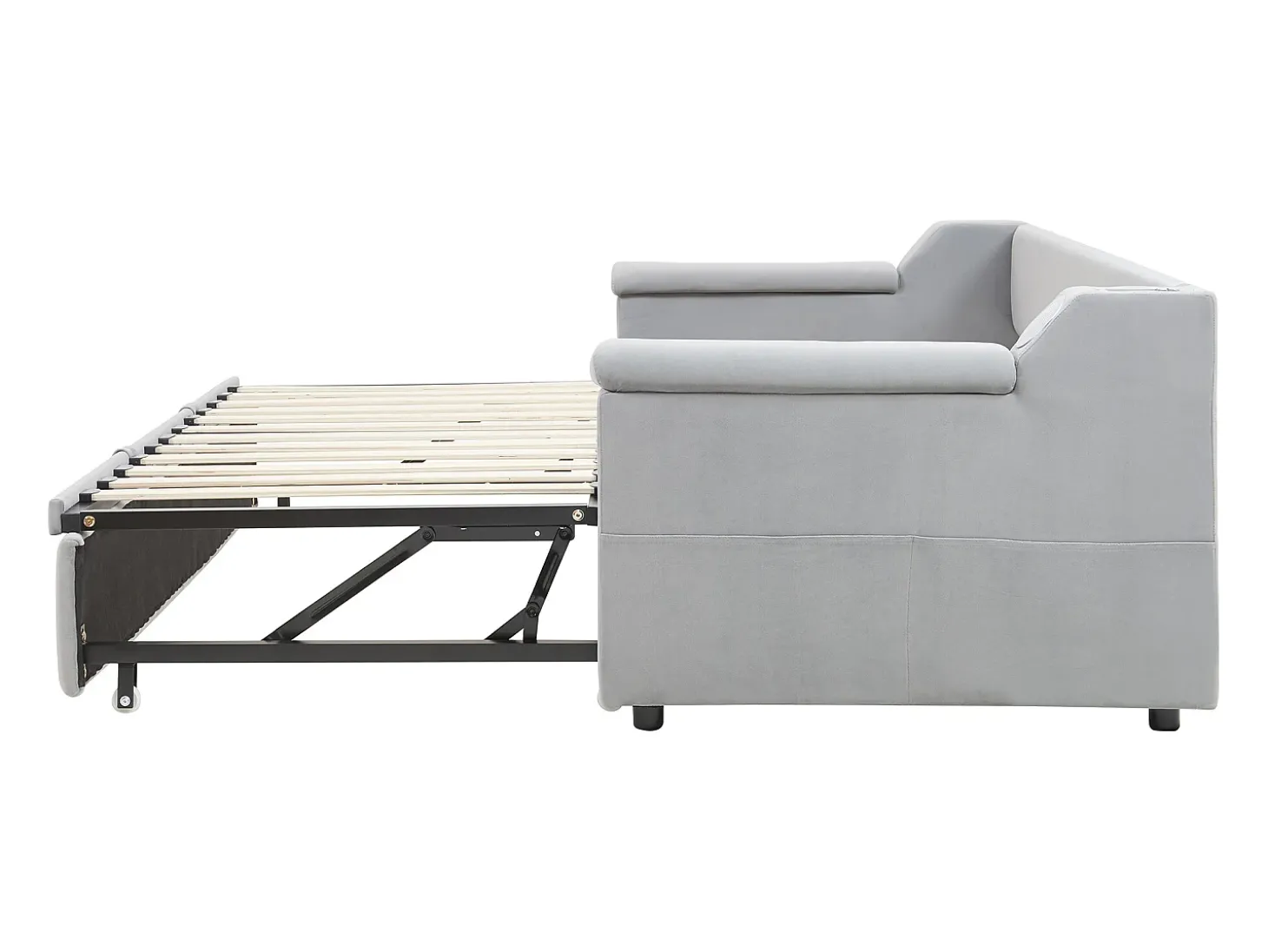 Cama sofá infantil 90x190 cm conversível com cama auxiliar, colunas Bluetooth e USB, veludo cinzento claro, sem colchão