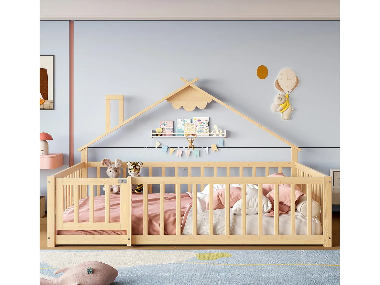 Cama tipo cabana infantil 140x190cm - com barreiras de segurança - madeira maciça - natural (sem colchão)