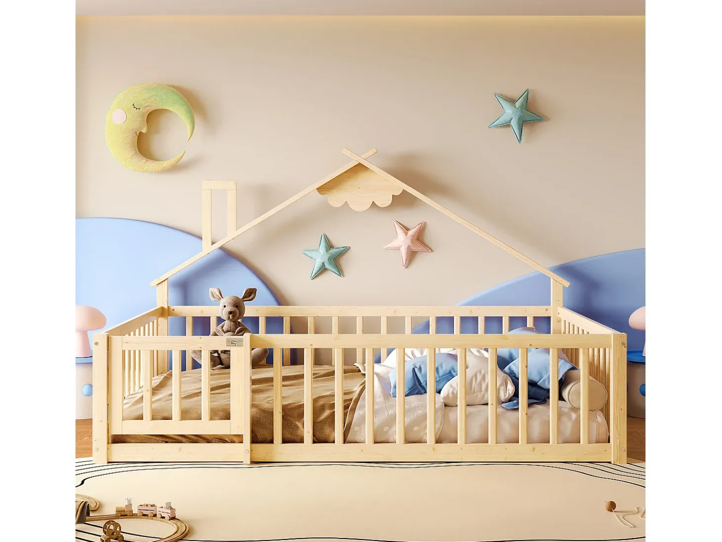 Cama tipo cabana infantil 140x190cm - com barreiras de segurança - madeira maciça - natural (sem colchão)