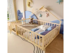 Cama tipo cabana infantil 140x190cm - com barreiras de segurança - madeira maciça - natural (sem colchão)