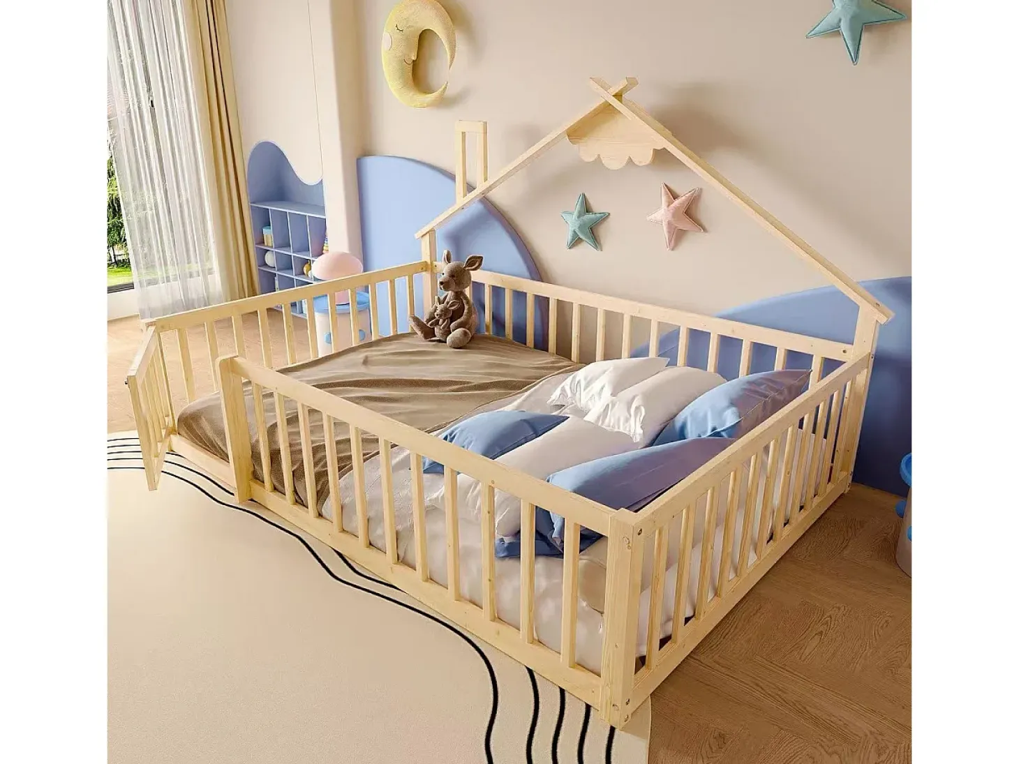 Cama tipo cabana infantil 140x190cm - com barreiras de segurança - madeira maciça - natural (sem colchão)