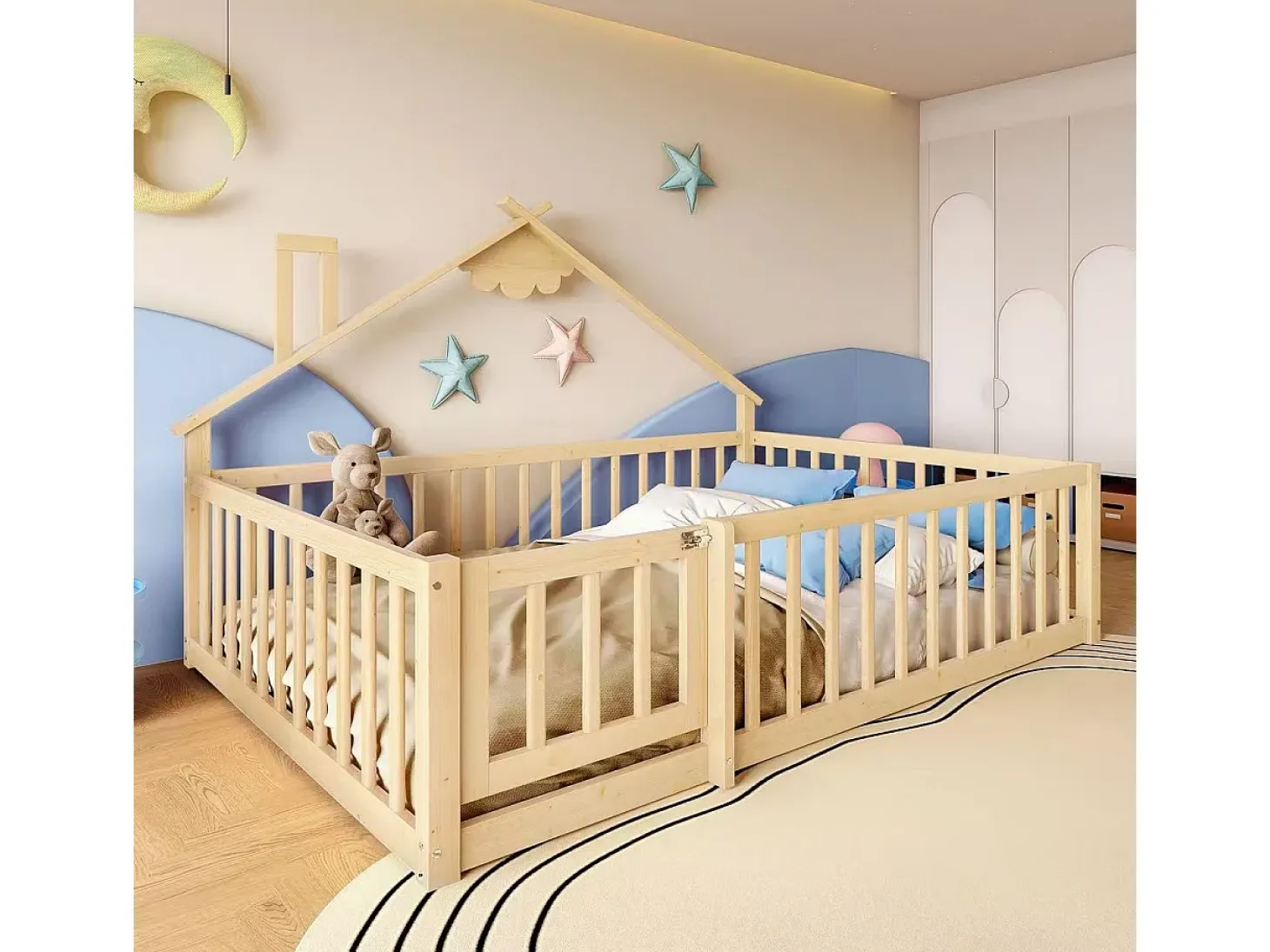 Cama tipo cabana infantil 140x190cm - com barreiras de segurança - madeira maciça - natural (sem colchão)
